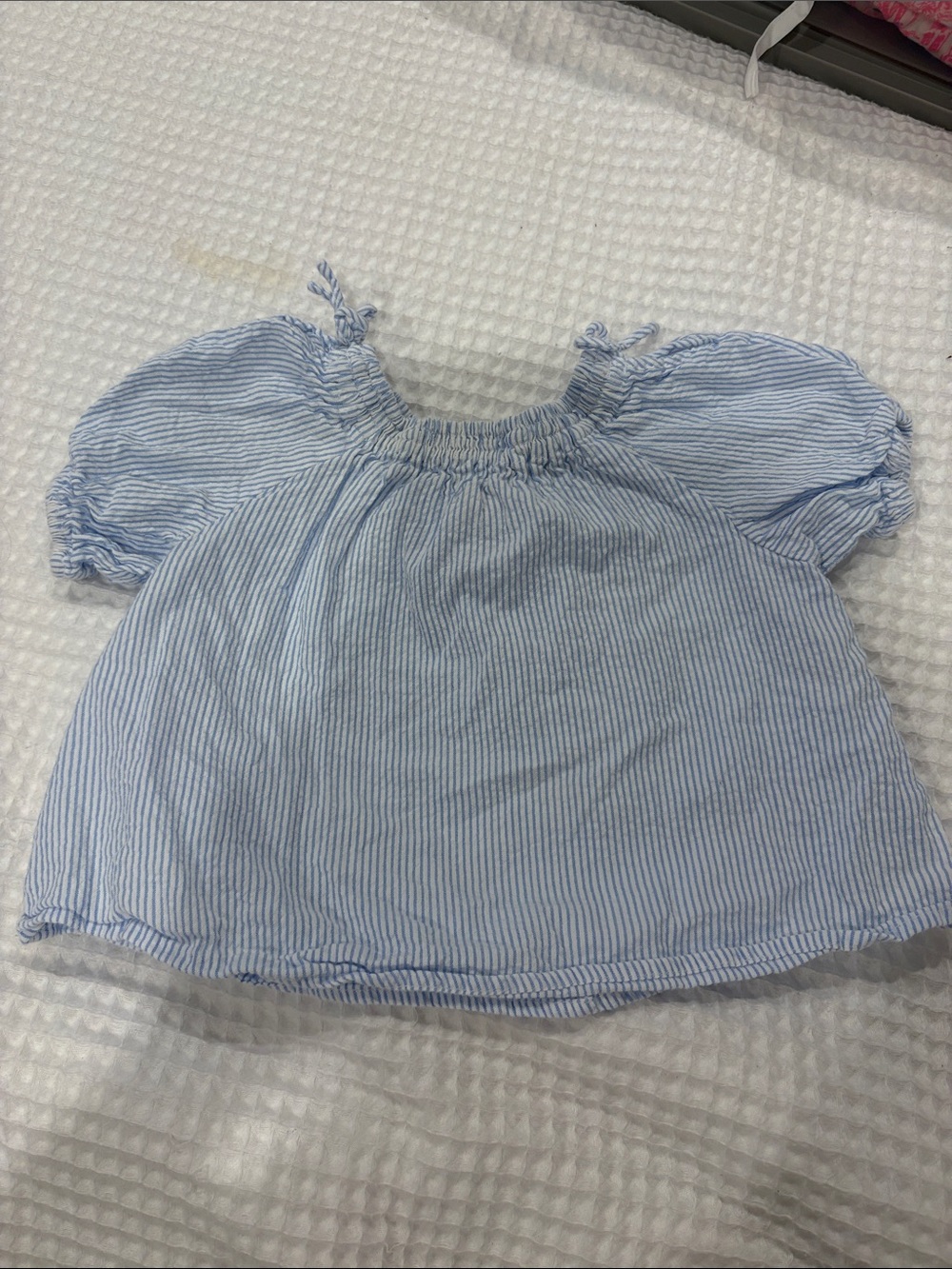 Zara light Blue Striped Girls Puff-Sleeve Top